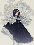  1girl black_hair dress frills hair_between_eyes halo highres light_blush looking_at_viewer naomasap original purple_eyes ruffled_skirt short_hair simple_background skirt skirt_lift smile solo wings 