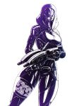  1girl absurdres armor belt breasts eyes_visible_through_headwear fewer_digits gun helmet highres holding holding_weapon hood hood_up looking_at_viewer mass_effect_(series) medium_breasts monochrome shotgun simple_background solo spacemaxmarine tali'zorah thick_thighs thighs weapon white_background 