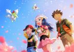  1girl 2boys :d backpack bag baseball_cap black_gloves black_headwear black_shirt blue_eyes blue_hair blue_sky blurry blurry_background brown_hair brown_pants closed_eyes collarbone collared_shirt fingerless_gloves floating_hair flower from_below gen_1_pokemon gen_4_pokemon gloves green_shirt hands_on_hips hat highres hikari_(pokemon) holding holding_pokemon legendary_pokemon long_hair miniskirt multiple_boys open_mouth pants petals pikachu pink_flower pink_skirt poke_ball_print pokemon pokemon_(anime) pokemon_(creature) pokemon_dppt_(anime) pokemon_m11 pokemon_on_shoulder red_eyes satoshi_(pokemon) shaymin shiny shiny_hair shirt short_hair short_sleeves skirt sky sleeveless sleeveless_shirt smile spiked_hair standing takeshi_(pokemon) torn_clothes torn_pants white_headwear wing_collar yuki56 