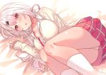  1girl absurdres bangs bed blush breasts cardigan cleavage collarbone hair_ornament hair_ribbon hairclip highres large_breasts long_hair long_sleeves lying nijisanji on_bed on_side open_mouth panties pantyshot pantyshot_(lying) pink_eyes red_ribbon red_skirt ribbon shiina_yuika shirt skirt sleeves_past_wrists solo thighs tonari_no_kai_keruberosu underwear virtual_youtuber white_hair white_legwear white_panties white_shirt 