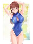  1girl arms_behind_head blue_swimsuit breasts brown_eyes brown_hair cleavage cleavage_cutout commentary_request competition_swimsuit cowboy_shot front_zipper_swimsuit highres large_breasts long_hair looking_at_viewer mashinatsu meme_attire one-piece_swimsuit original ponytail solo standing swimsuit thigh_gap 