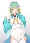  1girl absurdres alternate_costume apron aqua_hair aqua_kimono cowboy_shot dragon_girl dragon_horns enmaided fate/grand_order fate_(series) frilled_apron frills highres horns japanese_clothes kimono kiyohime_(fate/grand_order) long_hair looking_at_viewer maid maid_apron maid_headdress multiple_horns shirafuji_ene smile solo thighhighs wa_maid white_apron white_legwear wide_sleeves yellow_eyes 