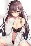  1girl bare_shoulders black_bra black_panties blue_eyes bra breasts brown_hair cleavage collarbone commentary_request earrings glint hand_up highres ichinose_shiki idolmaster idolmaster_cinderella_girls jewelry large_breasts long_hair long_sleeves looking_at_viewer navel no_pants off_shoulder one_eye_closed open_clothes open_shirt panties parted_lips reinama shirt sidelocks sitting solo strap_slip underwear wavy_hair white_shirt 