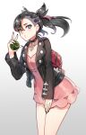 1girl :o asymmetrical_bangs backpack bag black_choker black_hair black_jacket black_nails choker dress dusk_ball ear_piercing flat_chest green_eyes grey_background hair_ribbon highres holding holding_poke_ball jacket leaning_forward looking_at_viewer marnie_(pokemon) open_clothes open_jacket parted_lips piercing pink_dress poke_ball pokemon pokemon_swsh ribbon simple_background solo thighs twintails undercut yasu_suupatenin 