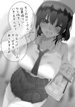  1girl blurry blurry_background blush breast_pocket breasts commentary_request eyebrows_visible_through_hair greyscale highres large_breasts looking_at_viewer medium_hair monochrome necktie one_eye_closed original pleated_skirt pocket ryouma_(galley) shirt short_sleeves skirt solo speech_bubble thighhighs translation_request 