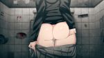  1girl ass ass_grab black_jacket blurry blurry_background commentary_request from_behind grabbing_own_ass grey_skirt highres indoors jacket kemuri_haku long_sleeves original pleated_skirt pussy pussy_juice pussy_juice_trail skirt skirt_pull sleeves_past_wrists solo thick_thighs thighs tile_wall tiles toilet toilet_paper undressing 