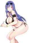  1girl ;d arm_strap azur_lane bangs bare_shoulders bikini black_bikini bracelet breasts choker cleavage collarbone eyebrows_visible_through_hair eyewear_on_head hair_over_one_eye highres jewelry large_breasts leaning_forward long_hair looking_at_viewer navel o-ring one_eye_closed open_mouth purple_hair qqq red_eyes sidelocks smile sunglasses swimsuit thigh_strap thighs trento_(azur_lane) trento_(summer&#039;s_hotness?)_(azur_lane) very_long_hair 