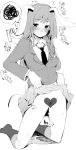  1girl animal_ears black_neckwear blazer blush breasts bunny_ears censored closed_mouth commentary crescent crescent_moon_pin dripping full_body greyscale heart heart_censor highres jacket kneeling lifted_by_self long_hair looking_at_viewer medium_breasts miniskirt monochrome necktie no_panties pleated_skirt pussy reisen_udongein_inaba sakurayu_haru skirt skirt_lift solo touhou white_skirt 