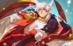  1boy animal_ears closed_mouth fan fox_ears hangleing holding holding_fan japanese_clothes long_hair long_sleeves looking_at_viewer looking_down male_focus onmyoji red_nails solo white_hair yellow_eyes youko_(onmyoji) 