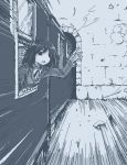  1girl bangs black_skirt blue_theme ground_vehicle hamsterfragment long_sleeves looking_at_viewer medium_hair monochrome no_nose open_mouth original outdoors rock skirt solo suicide train tunnel waving window 