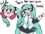  1girl aqua_hair artist_request blue_eyes blush_stickers commentary_request cosplay crossover detached_sleeves hatsune_miku hatsune_miku_(cosplay) hatsune_miku_(vocaloid3) holding kirby kirby_(series) long_hair looking_at_viewer necktie non-web_source open_mouth simple_background skirt smile source_request twintails very_long_hair vocaloid 