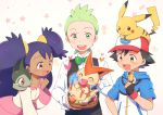  1girl 2boys :3 axew bangs baseball_cap basket big_hair black_gloves black_hair black_vest blue_shirt blush blush_stickers bow bowtie brown_eyes clenched_hand closed_eyes closed_mouth collarbone dark_skin dent_(pokemon) dress fang fingerless_gloves flat_chest food forehead full_body gen_1_pokemon gen_5_pokemon gloves green_eyes green_hair green_neckwear hair_tie hand_up hands_up happy hat heart highres iris_(pokemon) legendary_pokemon long_hair long_sleeves looking_at_another macaron multiple_boys open_mouth outline pikachu poke_ball_symbol poke_ball_theme pokemon pokemon_(anime) pokemon_(creature) pokemon_bw_(anime) pokemon_m14 pokemon_on_head pokemon_on_shoulder purple_hair red_eyes red_headwear satoshi_(pokemon) shiny shiny_hair shirt short_hair simple_background smile standing star teeth tied_hair two_side_up upper_body vest victini white_outline white_shirt yuki56 
