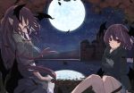  2girls alternate_costume autumn_leaves black_hoodie building casual clothes_writing commentary_request contemporary demon_wings dual_persona feathers feet_out_of_frame full_moon futatsuki_eru grey_shirt grey_skirt head_wings hood hoodie knees_up koakuma lake long_hair long_sleeves looking_at_viewer low_wings mansion miniskirt misty_lake moon multiple_girls night night_sky outdoors pleated_skirt pointy_ears red_eyes red_hair reflection scarlet_devil_mansion shirt short_hair sitting skirt sky sleeves_rolled_up touhou wings 