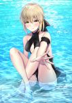  1girl artoria_pendragon_(all) artoria_pendragon_(swimsuit_rider_alter) barefoot black_bow black_swimsuit blonde_hair blush bow braid braided_bun breasts casual_one-piece_swimsuit cleavage cleavage_cutout fate/grand_order fate_(series) frown full_body gakuon_(gakuto) hair_between_eyes hair_bow highres looking_at_viewer medium_breasts one-piece_swimsuit outstretched_arm outstretched_hand short_hair sitting solo swimsuit yellow_eyes 