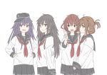  4girls akatsuki_(kantai_collection) alternate_hair_color anchor_symbol badge black_hair black_skirt blue_eyes brown_eyes brown_hair fang flat_cap folded_ponytail hair_between_eyes hair_ornament hairclip hat hibiki_(kantai_collection) ikazuchi_(kantai_collection) inazuma_(kantai_collection) kantai_collection long_hair long_sleeves looking_at_another looking_at_viewer matsutani messy_hair multiple_girls neckerchief no_hat no_headwear open_mouth pleated_skirt pointing pointing_up purple_eyes purple_hair red_neckwear school_uniform serafuku simple_background skirt sleeves_past_wrists white_background 