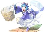  1girl absurdres apron bed_sheet blue_hair dragon_girl dragon_horns dragon_tail dragonmaid_laudry duel_monster fang fingerless_gloves gloves highres horns laundry laundry_basket maid mega_ogre open_mouth solo tail tripping yellow_eyes yuu-gi-ou 