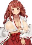  1girl breasts character_request chihaya_(clothing) copyright_request covered_nipples hair_ornament hakama huge_breasts japanese_clothes long_hair looking_at_viewer metk miko red_eyes red_hair red_hakama ribbon-trimmed_sleeves ribbon_trim see-through solo wet wet_clothes wide_sleeves 