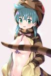  1girl :d amasora_taichi bangs between_breasts blue_hair blurry blurry_foreground bow breasts brown_background brown_jacket commentary_request depth_of_field eyebrows_visible_through_hair green_eyes groin hair_between_eyes hands_in_pockets highres hood hood_up hooded_jacket jacket kemono_friends long_hair long_sleeves looking_at_viewer medium_breasts naked_coat navel open_clothes open_jacket open_mouth pink_bow smile snake_tail solo striped_jacket striped_tail tail tail_censor tail_raised tsuchinoko_(kemono_friends) upper_body v-shaped_eyebrows 