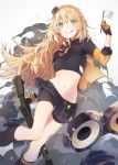  1girl :q absurdres bike_shorts blonde_hair blush commentary_request fang flag girls_frontline green_eyes gun hairband highres jacket long_hair looking_at_viewer navel pleated_skirt s.a.t.8_(girls_frontline) sakana-ko shorts shorts_under_skirt shotgun simple_background skirt smoke solo stomach tongue tongue_out torn_clothes two-tone_gloves weapon white_background white_flag 