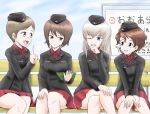  4girls akaboshi_koume black_hat black_jacket blue_eyes brown_eyes brown_hair collared_shirt commentary_request crossed_legs curly_hair garrison_cap girls_und_panzer grey_eyes grey_hair hand_on_own_knee hands_on_own_knees harukai-i hat highres holding_board itsumi_erika jacket kojima_emi kuromorimine_military_uniform long_hair miniskirt multiple_girls nishizumi_maho on_chair ooarai_(ibaraki) pointing pointing_up red_shirt red_skirt shirt short_hair sitting skirt train_station translation_request very_short_hair 