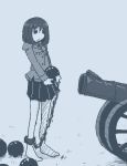  1girl ball ball_and_chain_restraint bangs barefoot black_eyes black_skirt blue_theme cannon cannonballs hamsterfragment holding holding_ball juliet_sleeves long_sleeves medium_hair monochrome no_nose original pleated_skirt puffy_sleeves skirt solo suicide 