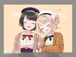  2girls :d aran_sweater arm_hug beret black_hair blonde_hair blue_bow blue_bowtie blush bow bowtie cable_knit closed_eyes commentary_request frilled_shirt frills hair_ornament hat heads_together highres hololive indie_virtual_youtuber multiple_girls null_suke oozora_subaru oozora_subaru_(casual) pom_pom_(clothes) pom_pom_hair_ornament red_bow red_bowtie shigure_ui_(vtuber) shigure_ui_(vtuber)_(casual) shirt short_hair sketch smile sweater swept_bangs twitter_username upper_body 
