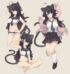  1girl :d ;d ahoge animal_ear_fluff animal_ears arm_up bandaid bandaid_on_face bangs bikini black_footwear black_hair black_sailor_collar black_skirt breasts brown_background cardigan cat_ears cat_girl cat_tail collarbone collared_shirt commentary_request dress_shirt eyebrows_visible_through_hair green_neckwear grin hand_on_hip highres kneehighs loafers long_hair long_sleeves looking_at_viewer loose_socks medium_breasts multiple_views natsuki_teru navel necktie one_eye_closed open_cardigan open_clothes open_mouth original pink_cardigan pleated_skirt sailor_bikini sailor_collar school_uniform serafuku shirt shoes short_necktie simple_background skirt sleeves_past_wrists smile standing standing_on_one_leg star swimsuit tail v-shaped_eyebrows v_over_eye very_long_hair white_bikini white_legwear white_shirt yellow_eyes 