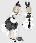  1girl alternate_costume animal_ear_hairband animal_ears black_dress black_shoes brown_hair classicaloid closed_mouth curtained_hair dress enmaided eyelashes fake_animal_ears full_body gloves green_eyes grey_background hairband holding holding_mop looking_at_viewer maid mary_janes mop multiple_views octahooves pyotr_illyich_tchaikovsky_(classicaloid) rabbit_ear_hairband rabbit_ears shoes short_hair simple_background white_gloves 