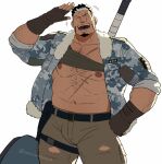  1boy :d another_eidos-r bara bare_pectorals brown_pants bulge camouflage camouflage_jacket character_request cowboy_shot facial_hair fingerless_gloves forearms gloves goatee hairy happy highres jacket large_pectorals laughing long_sideburns male_focus mature_male multicolored_hair muscular muscular_male mustache_stubble navel nipples open_clothes open_jacket pants pectorals sakuramarusan salute scar scar_on_chest short_hair sideburns sleeves_rolled_up smile solo sparse_arm_hair sparse_chest_hair standing stomach streaked_hair strongman_waist stubble thick_eyebrows thick_thighs thighs torn_clothes torn_pants weapon_behind_back 