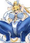  1girl ahoge animal_ears armpits arms_behind_head arms_up artoria_pendragon_(all) artoria_pendragon_(swimsuit_ruler)_(fate) ass bangs bare_shoulders blonde_hair blue_legwear blue_neckwear blush braid breasts bunny_ears bunnysuit detached_collar fate/grand_order fate_(series) feather_boa fishnet_pantyhose fishnets french_braid green_eyes hair_between_eyes highleg highleg_leotard large_breasts leotard long_hair looking_at_viewer navel navel_cutout necktie open_mouth pantyhose ponytail sidelocks solo squatting swept_bangs thighs tiara tooya_daisuke white_leotard wrist_cuffs 