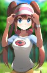  1girl atsuyah0310 black_legwear blue_eyes blurry blurry_background blush breasts bright_pupils brown_hair closed_mouth collarbone commentary cowboy_shot double_bun forest hat highres long_hair looking_at_viewer medium_breasts mei_(pokemon) nature outdoors pantyhose poke_ball_print poke_ball_symbol pokemon pokemon_(game) pokemon_bw2 pokemon_trainer putting_on_hat raglan_sleeves short_sleeves shorts smile solo twintails upper_body visor_cap white_pupils yellow_shorts 
