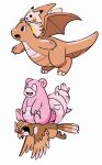  :d bird claws dragonite highres no_humans open_mouth pidgeot pikachu pokemon pokemon_(creature) pokemon_focus riding riding_pokemon simple_background sitting slowbro smile tongue tyako_089 white_background 