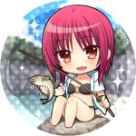  1girl :d angel_beats! artist_name bangs barefoot bikini black_bikini blurry blurry_background breasts chibi cleavage collared_shirt dress_shirt eyebrows_visible_through_hair fish fishing_rod full_body holding_rod iwasawa looking_at_viewer medium_breasts nakamura_hinato o-ring o-ring_bikini open_clothes open_mouth open_shirt polka_dot polka_dot_background red_eyes red_hair shiny shiny_hair shirt short_hair sitting smile solo sparkle strapless strapless_bikini swimsuit white_background white_shirt wing_collar 