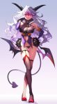  1girl :d bad_id bad_twitter_id bare_shoulders black_panties breasts brown_legwear commentary_request crossed_legs demon_girl demon_horns demon_tail elbow_gloves fang fishnet_legwear fishnets full_body fur_collar gloves hand_on_hip hand_up heart_cutout high_heels highres horns large_breasts long_hair looking_at_viewer mismatched_legwear multicolored_hair nasubi_(w.c.s) navel navel_cutout no_pants open_mouth original panties purple_gloves red_eyes red_footwear red_hair revealing_clothes silver_hair skindentation smile solo standing tail thigh_gap thighhighs thighs two-tone_hair underwear watson_cross wavy_hair 