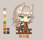  1girl animal asymmetrical_sleeves autumn_leaves azur_lane bird black_footwear black_jacket blush_stickers brown_legwear cabbie_hat chick closed_mouth clothed_animal color_guide commentary_request cup drawstring drinking_straw green_eyes grey_background grey_hair hat head_wings highres holding holding_cup jacket janyhero kitakaze_(azur_lane) long_hair long_sleeves looking_at_viewer manjuu_(azur_lane) open_clothes open_jacket orange_headwear orange_sweater ribbed_sweater short_over_long_sleeves short_sleeves sitting smile solo sweater thighhighs very_long_hair 