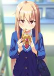  1girl atsuyah0310 bag bangs baumkuchen blazer blonde_hair blurry blurry_background blush breasts cake eating eyebrows_visible_through_hair food hair_between_eyes holding holding_food jacket long_hair looking_at_viewer medium_breasts necktie outdoors red_eyes red_neckwear sakura-sou_no_pet_na_kanojo school_uniform shiina_mashiro shoulder_bag solo standing upper_body 