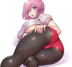  1girl amania_orz ass ass_grab blush breasts buruma fate/grand_order fate_(series) from_behind grabbing_own_ass gym_shirt gym_uniform hair_over_one_eye large_breasts lavender_hair looking_at_viewer looking_back lying mash_kyrielight on_side open_mouth pantyhose purple_eyes red_buruma shiny shiny_hair shiny_skin shirt short_hair simple_background solo underboob white_background 