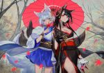  2girls akagi_(azur_lane) animal_ears autumn_leaves azur_lane bangs black_hair blue_eyes blunt_bangs breasts cleavage eyebrows_visible_through_hair fox_ears fox_mask fox_tail highres japanese_clothes jewelry kaga_(azur_lane) kimono large_breasts long_hair looking_at_viewer mask mask_removed multiple_girls multiple_tails necklace obi ojyou outdoors overcast pleated_skirt red_eyes sash short_hair skirt smile standing tail tree white_hair wind 