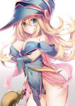  1girl absurdres blonde_hair blush_stickers breasts cleavage covered_navel dark_magician_girl duel_monster green_eyes hat highres karory large_breasts long_hair looking_at_viewer pentacle solo staff wand wizard_hat yuu-gi-ou yuu-gi-ou_duel_monsters 