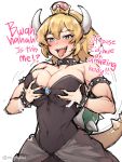  1girl bare_shoulders black_collar black_dress blonde_hair blue_eyes blush bowsette bracelet breast_lift breasts brooch cleavage collar covered_navel crown deep_skin dress english_text fingernails gebyy-terar grabbing grabbing_own_breast hair_between_eyes horns jewelry large_breasts long_hair mario_(series) new_super_mario_bros._u_deluxe nose_blush open_mouth pink_nails pointy_ears self_fondle sharp_fingernails sharp_teeth sidelocks sketch smile smug spiked_armlet spiked_bracelet spiked_collar spiked_shell spiked_tail spikes strapless strapless_dress super_crown tail teeth tongue tongue_out turtle_shell twitter_username 