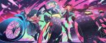  3boys black_hair cravat dune_buggy felicia_chen fire green_fire green_hair ground_vehicle gueira highres jacket leather leather_jacket lio_fotia long_hair mad_burnish male_focus meis_(promare) motor_vehicle motorcycle multiple_boys pink_fire promare purple_eyes purple_fire red_hair 