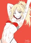  1girl abs armpits arms_up artist_name blonde_hair bosshi breasts dated fate/apocrypha fate/grand_order fate_(series) green_eyes highres looking_at_viewer mordred_(fate) mordred_(fate)_(all) navel ponytail red_background red_scrunchie ribs scar scrunchie signature smile solo strapless tubetop underboob 