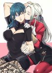  2girls arm_up black_shorts breasts byleth_(fire_emblem) byleth_(fire_emblem)_(female) cheek_kiss cleavage cleavage_cutout closed_eyes commentary edelgard_von_hresvelg fire_emblem fire_emblem:_three_houses green_hair hair_ribbon hand_on_another&#039;s_shoulder highres holding_hands interlocked_fingers kiss large_breasts legwear_under_shorts multiple_girls one_eye_closed oragamura999 pantyhose red_legwear ribbon short_shorts shorts silver_hair simple_background white_background yuri 