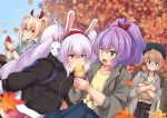  4girls :d alternate_costume autumn_leaves ayanami_(azur_lane) azur_lane beret black_legwear brown_hair casual collarbone commentary_request contemporary earmuffs eating eris_120 food glasses green_eyes hairband hat headgear highres holding hood hooded_sweater javelin_(azur_lane) jewelry laffey_(azur_lane) leaf light_brown_hair long_hair looking_at_viewer maple_leaf multiple_girls necklace open_mouth orange_eyes pleated_skirt ponytail purple_eyes purple_hair red_eyes short_hair silver_hair skirt smile sweater sweet_potato twintails watch wristwatch z23_(azur_lane) 