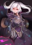  1girl absurdres commentary_request corruption dark_background dark_persona evil_grin evil_smile fire_emblem fire_emblem_awakening fire_emblem_heroes glowing grima_(fire_emblem) grin highres long_sleeves looking_at_viewer medium_hair nakabayashi_zun red_eyes robe robin_(fire_emblem) robin_(fire_emblem)_(female) shaded_face smile solo twintails white_hair 