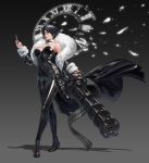  1girl absurdres ankle_boots bare_shoulders black_bodysuit black_eyes black_hair bodysuit boots bullet cape choker commission full_body fur_trim gatling_gun grey_background high_heel_boots high_heels highres holding holding_bullet holding_weapon magic_circle minigun original seoyunjang77 shiny shiny_clothes short_hair simple_background solo standing stole weapon 