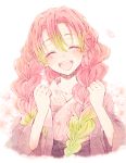  1girl blush braid cheering cherry_blossom_print cherry_blossoms clenched_hands commentary_request facing_viewer floral_background gradient_hair green_hair hair_over_shoulder haori happy highres japanese_clothes kanroji_mitsuri kimetsu_no_yaiba kimono koame_1027 long_hair long_sleeves mole mole_under_eye multicolored_hair petals pink_hair pink_kimono sash smile solo tri_braids two-tone_hair upper_body white_background 