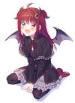  1girl :d ahoge bangs between_legs black_capelet black_dress black_legwear blush bow capelet crescent crescent_hair_ornament demon_girl demon_horns demon_wings dress eyebrows_visible_through_hair fang frilled_capelet frilled_dress frills fuji_fujino full_body green_eyes grey_wings hair_ornament hand_between_legs heterochromia highres horns long_hair long_sleeves looking_at_viewer neck_ribbon nijisanji open_mouth red_bow red_eyes red_footwear red_hair red_ribbon ribbon seiza shadow shoes sitting smile solo thighhighs two_side_up very_long_hair virtual_youtuber white_background wings yuzuki_roa 