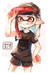 1girl adjusting_headwear bangs baseball_cap black_hair black_headwear black_shirt black_shorts blunt_bangs blunt_ends closed_mouth commentary cowboy_shot dated domino_mask gradient_hair gym_shorts hand_on_hip harutarou_(orion_3boshi) hat highres inkling logo looking_at_viewer mask medium_hair multicolored_hair pointy_ears print_shirt red_eyes red_hair shirt short_shorts shorts smile solo splatoon_(series) splatoon_2 standing star t-shirt tentacle_hair 