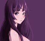  1girl 6maker absurdres bakemonogatari bangs bare_shoulders blush breasts commentary_request highres lips long_hair looking_at_viewer looking_to_the_side medium_breasts monogatari_(series) parted_lips purple_background purple_eyes purple_hair senjougahara_hitagi shiny shiny_skin sidelocks simple_background solo swept_bangs upper_body 